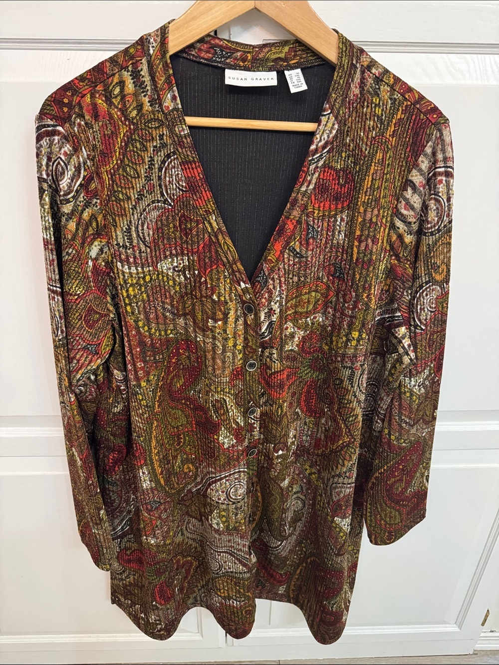 Susan Graver Multicolor Paisley Button-Front V-Neck Long Cardigan size 1X